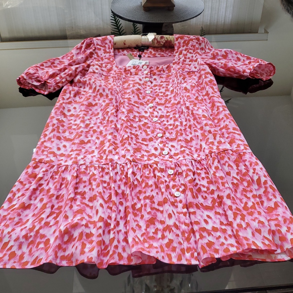 NWT WHISTLES  Pink Print 4 Reg Short-Slv Dress lined 100 Poly